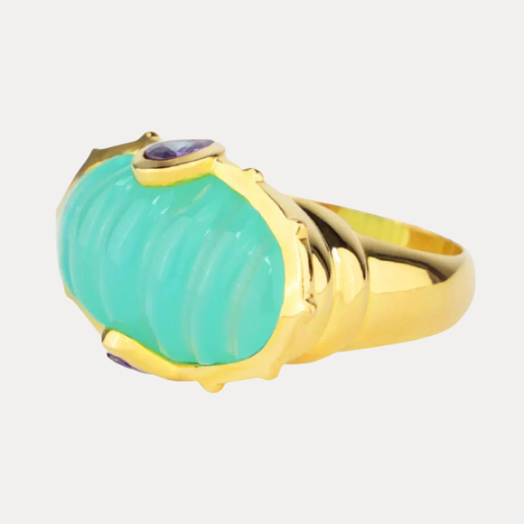 Aqua Chalcedony Resin Dome Gold Platted Brass Ring For Women