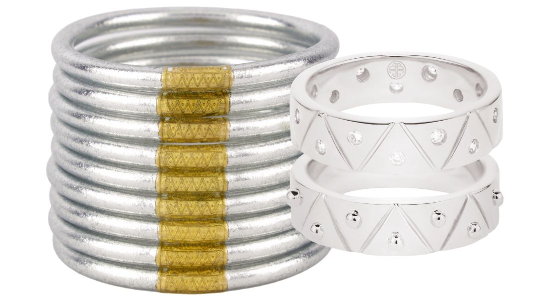 Silver All Weather Bangle Bracelets and Silver Feel and Light Serenity Rings | BuDhaGirl