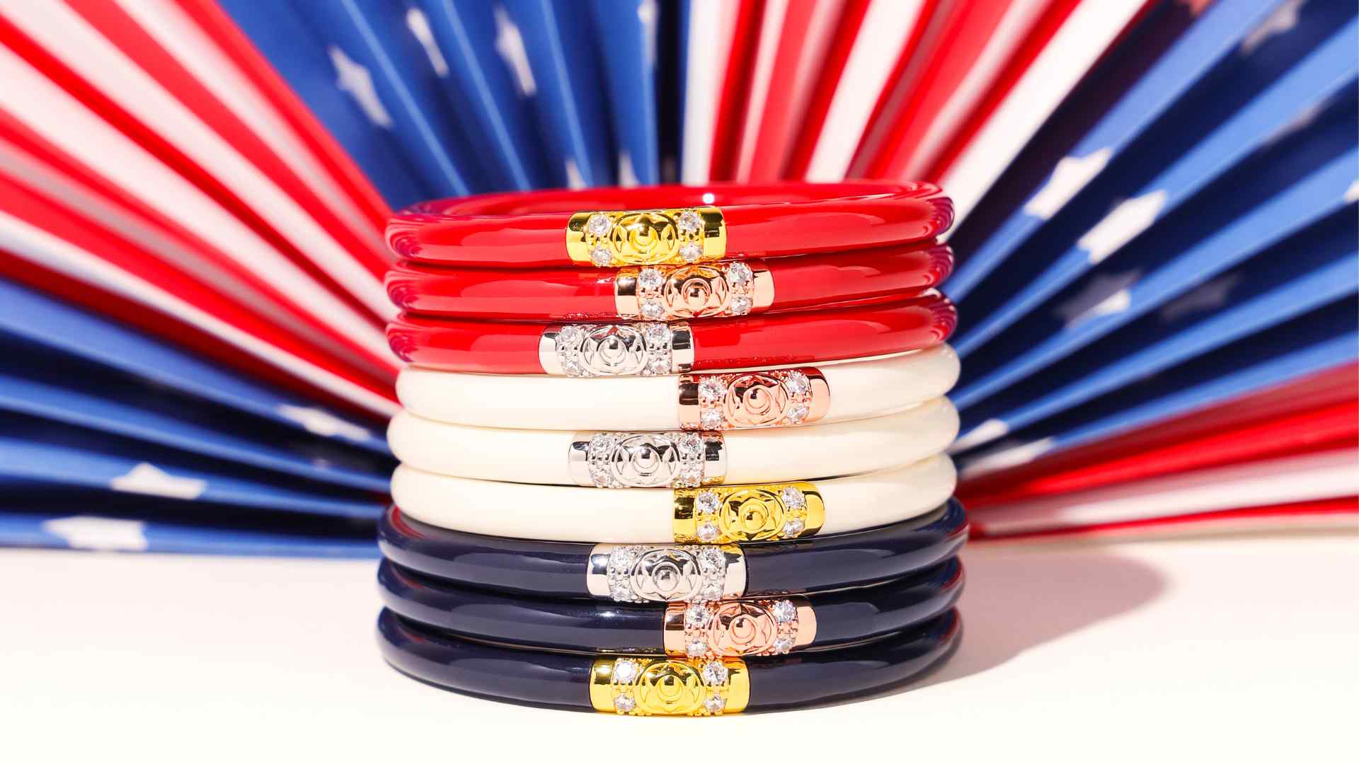 Image of Red, Navy, and Ivory Three Kings™ All Weather Bangles® | Red, White, and Blue Jewelry | 4th of July 2023 | Fourth of July Outfit Ideas | Fourth of July Accessories | BuDhaGirl 