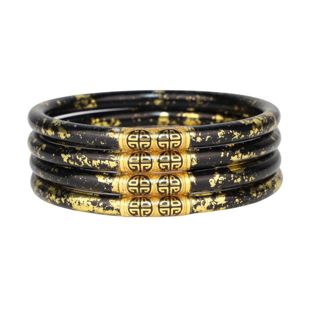 Koi Noir Black and Gold Foil All Weather Bangle Bracelets with BuDhaGirl Enamel Chop Logo Bead | BuDhaGirl