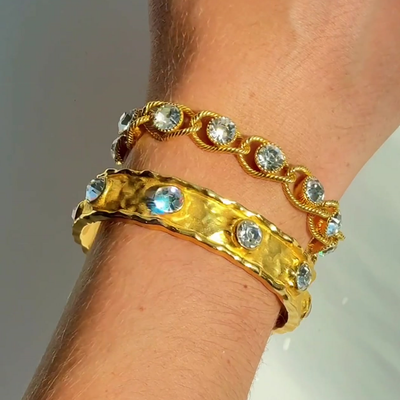 Seven Crystal Cuff and Dew Drop Bracelet Gold Modeled | BuDhaGirl